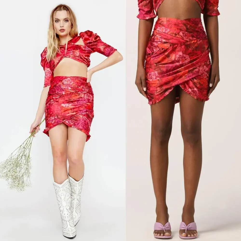 FOR LOVE & LEMONS Alia Floral Satin Mini Skirt Red Ruched Ruffle Festival Club